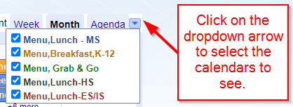 Click on the drop down arrow to adjust the calendars you want to see. 